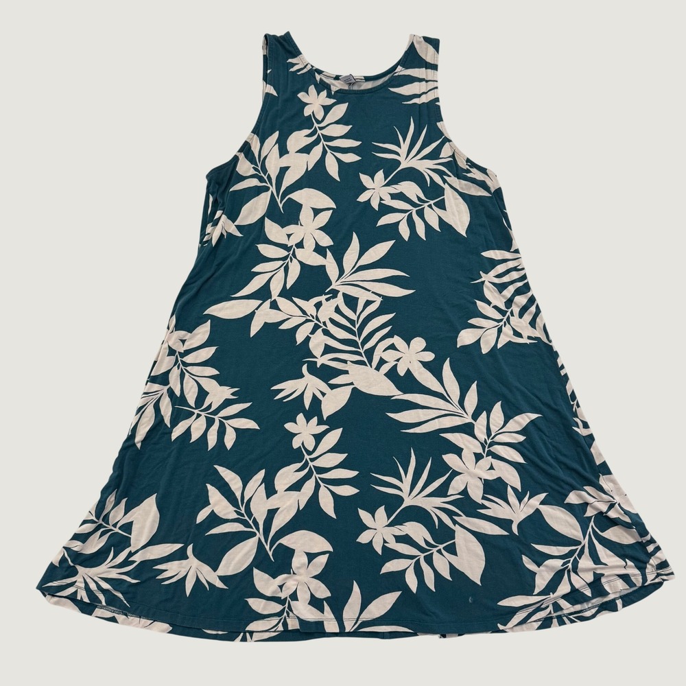 Old Navy Womens XL Teal White Tropical Floral Sleeveless Swing Dress Stretch